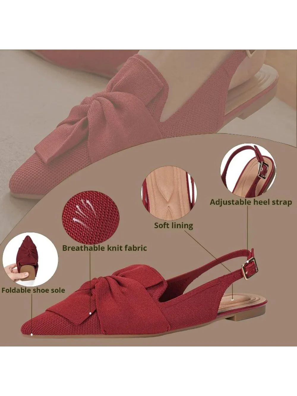 Women's Red Knit Pointed Toe Slingback Flats Bow Ankle Strap Comfortable Shoes - Picture 2 of 6